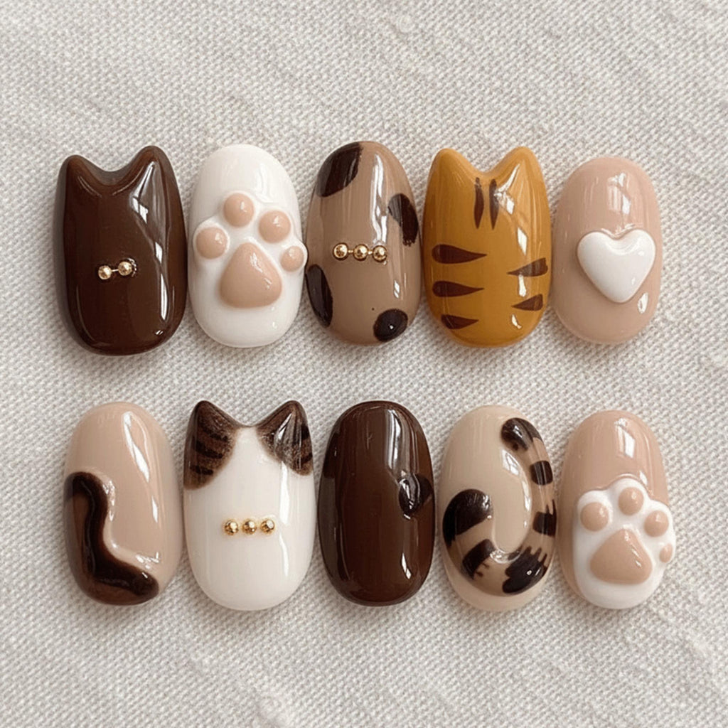 Kawaii Cat Press On Nails, Paw Print Nails, 3D Kitty Nails, Cute Animal Nails, Handmade Gel Press On Set