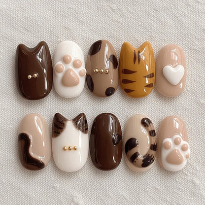 Kawaii Cat Press On Nails, Paw Print Nails, 3D Kitty Nails, Cute Animal Nails, Handmade Gel Press On Set