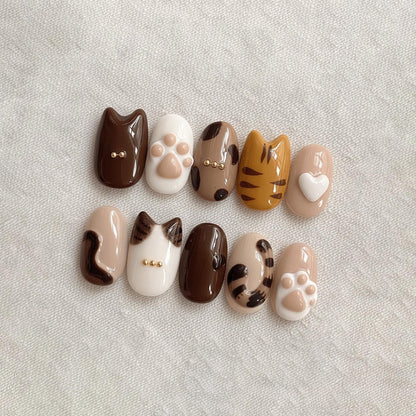Kawaii Cat Press On Nails, Paw Print Nails, 3D Kitty Nails, Cute Animal Nails, Handmade Gel Press On Set