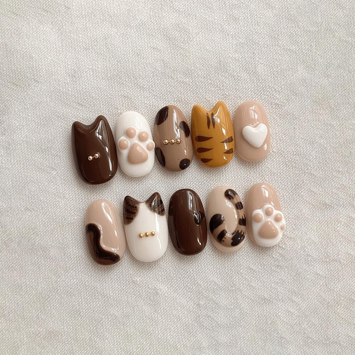 Kawaii Cat Press On Nails, Paw Print Nails, 3D Kitty Nails, Cute Animal Nails, Handmade Gel Press On Set