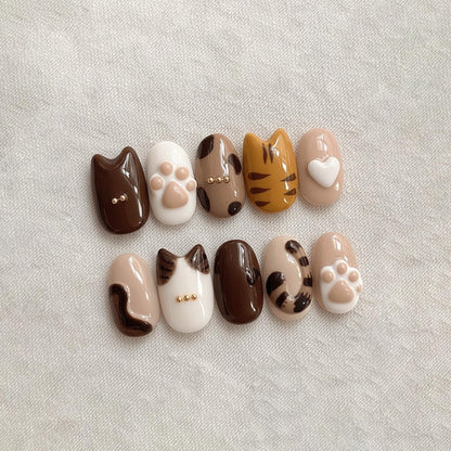 Kawaii Cat Press On Nails, Paw Print Nails, 3D Kitty Nails, Cute Animal Nails, Handmade Gel Press On Set