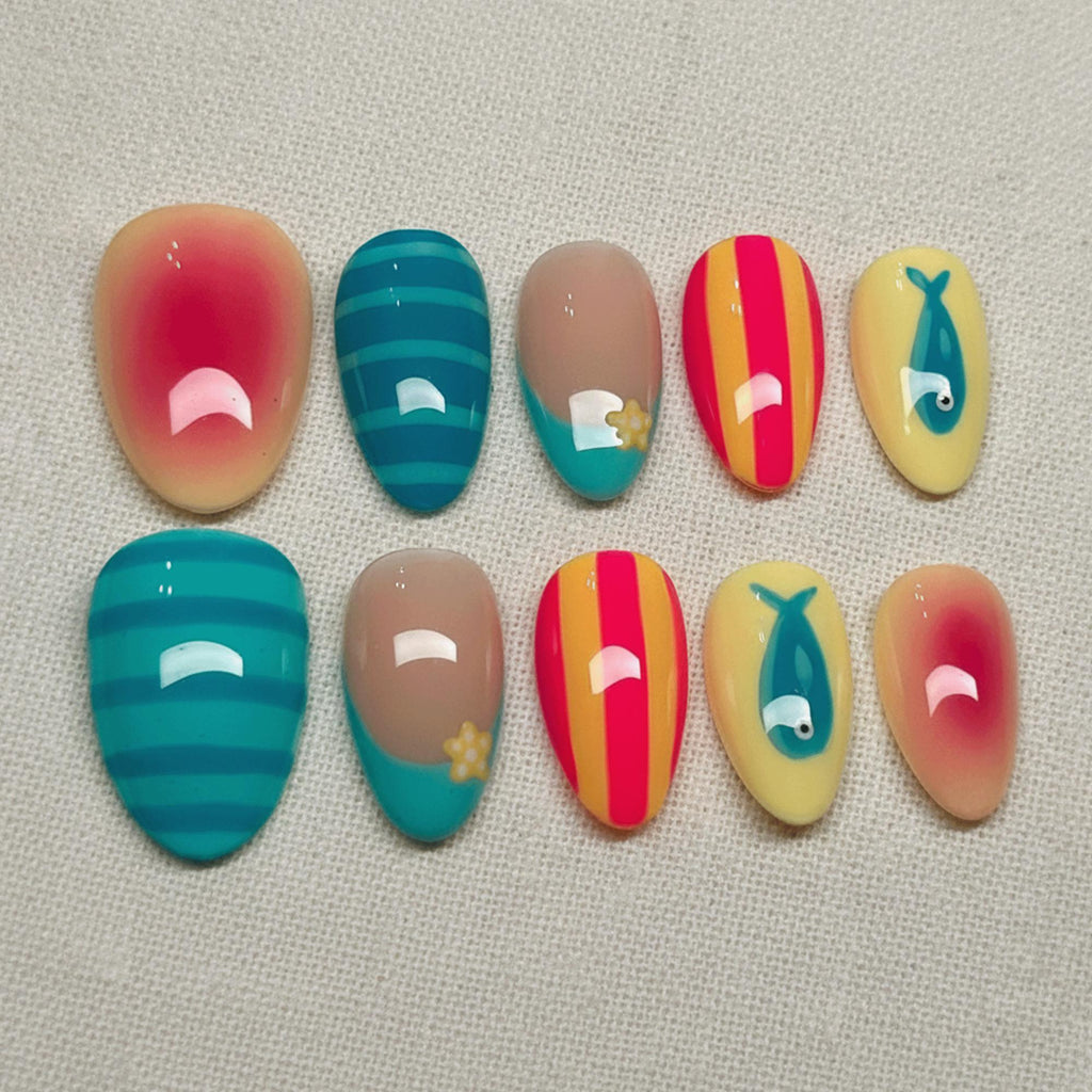 Coastal Summer Press On Nails, Cute Ocean Nail Art, Tropical Fish Nails, Colorful Kawaii Nails