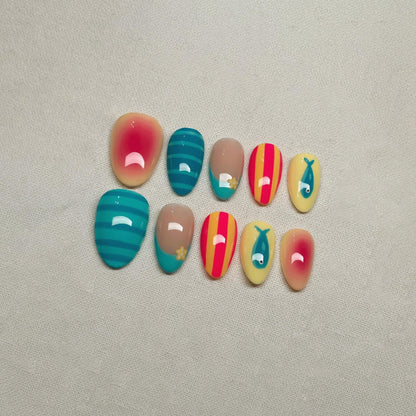 Coastal Summer Press On Nails, Cute Ocean Nail Art, Tropical Fish Nails, Colorful Kawaii Nails