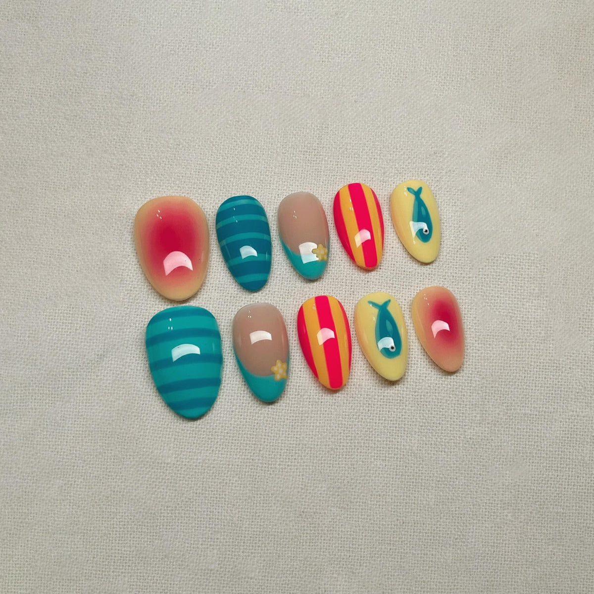 Coastal Summer Press On Nails, Cute Ocean Nail Art, Tropical Fish Nails, Colorful Kawaii Nails