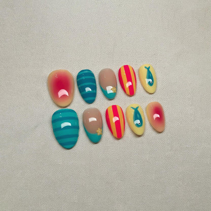Coastal Summer Press On Nails, Cute Ocean Nail Art, Tropical Fish Nails, Colorful Kawaii Nails