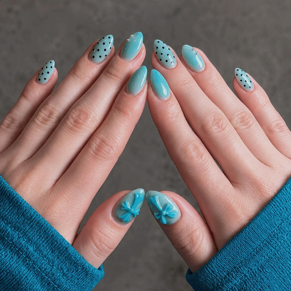 Tiffany Blue Press On Nails, Handmade Polka Dot Nails, 3D Cross Fake Nails, Cute Kawaii Short Nails, Baby Blue Nails