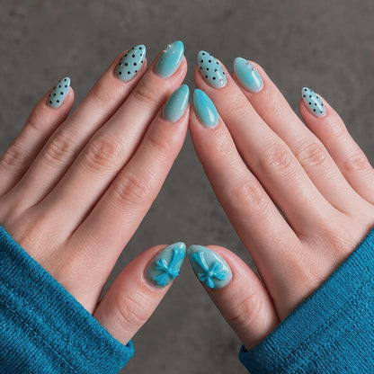 Tiffany Blue Press On Nails, Handmade Polka Dot Nails, 3D Cross Fake Nails, Cute Kawaii Short Nails, Baby Blue Nails