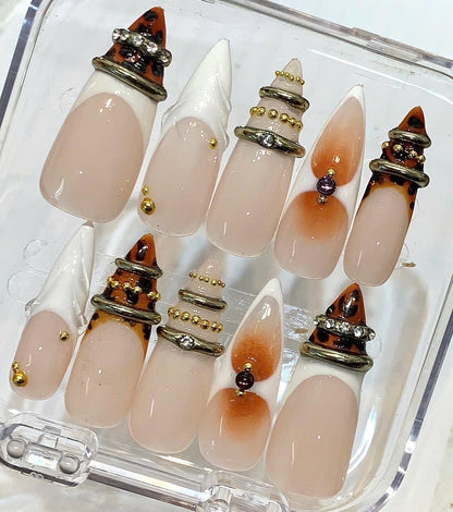 Leopard French Tip Press On Nails, Gold Ring Nail Set, Nude White Luxury Nails, Y2K Glam Press On, Handmade Chic Gel Nails