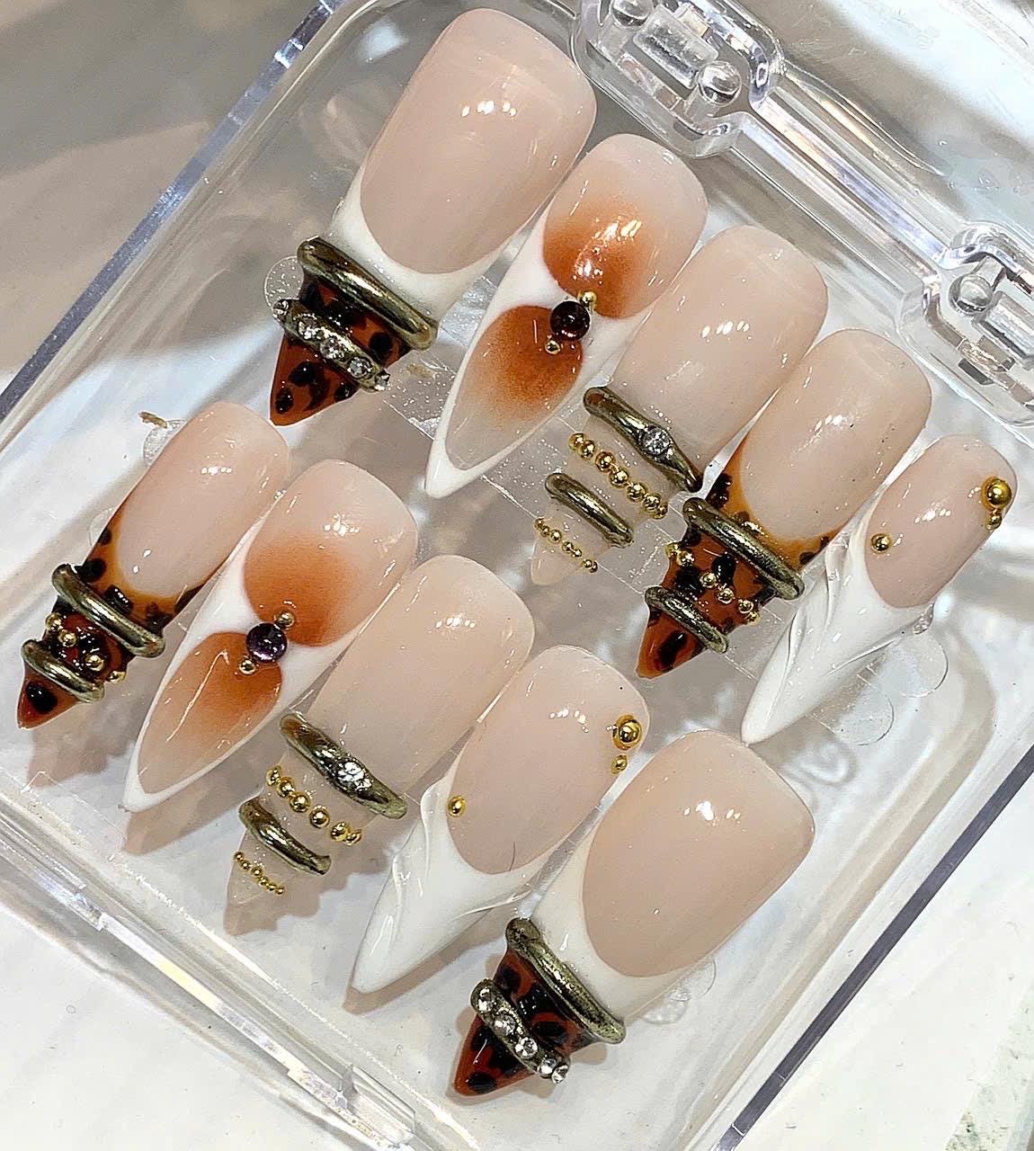 Leopard French Tip Press On Nails, Gold Ring Nail Set, Nude White Luxury Nails, Y2K Glam Press On, Handmade Chic Gel Nails