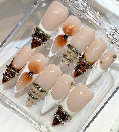 Leopard French Tip Press On Nails, Gold Ring Nail Set, Nude White Luxury Nails, Y2K Glam Press On, Handmade Chic Gel Nails