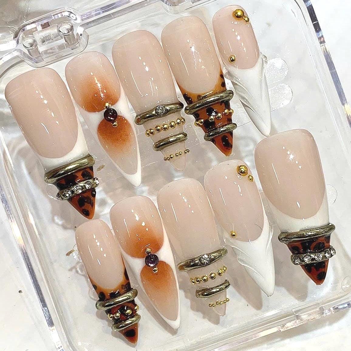 Leopard French Tip Press On Nails, Gold Ring Nail Set, Nude White Luxury Nails, Y2K Glam Press On, Handmade Chic Gel Nails