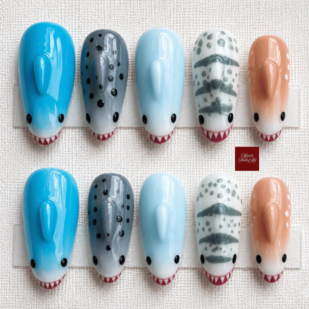 Cute Shark Press On Nails, 3D Shark Fin Fake Nails, Ocean Coquette Press Ons, Kawaii False Nails, Custom Hand Painted Nails