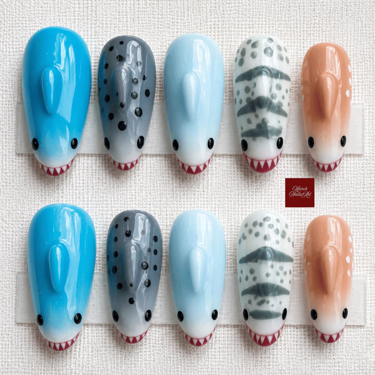 Cute Shark Press On Nails, 3D Shark Fin Fake Nails, Ocean Coquette Press Ons, Kawaii False Nails, Custom Hand Painted Nails