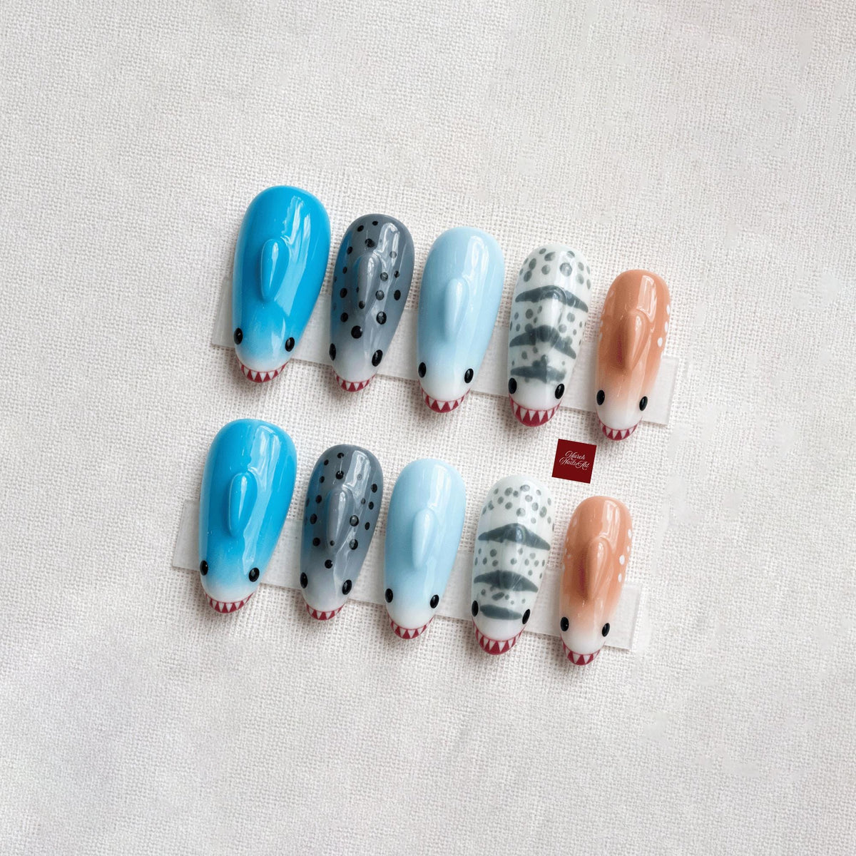 Cute Shark Press On Nails, 3D Shark Fin Fake Nails, Ocean Coquette Press Ons, Kawaii False Nails, Custom Hand Painted Nails