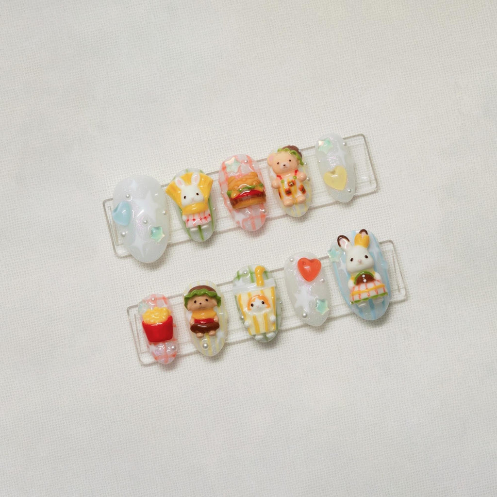 3D Bunny Kawaii Press On Nails, Cute Food Nail Art, Handmade Japanese Nail Art, Kawaii Plaid False Nails, Coquette Fake Nails