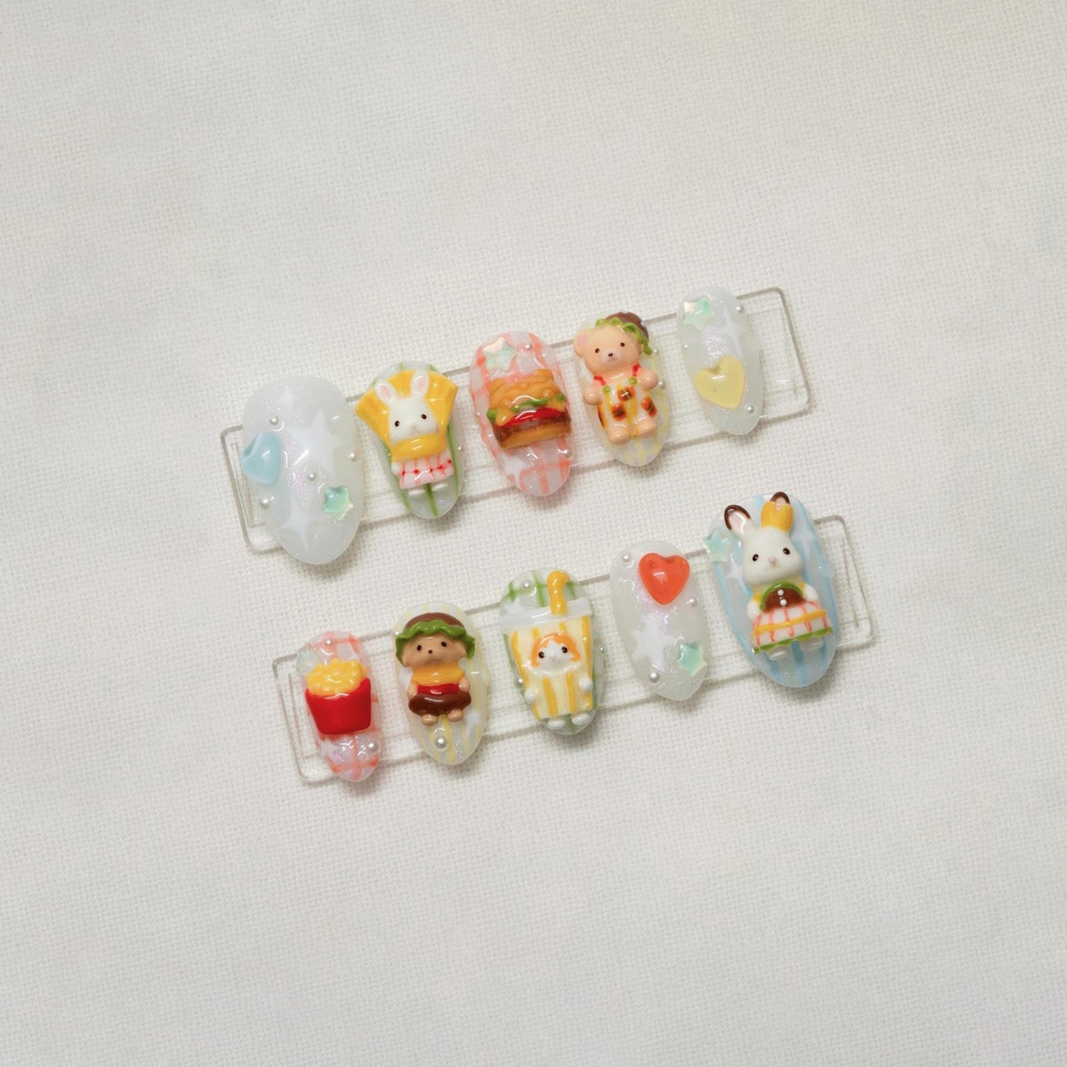 3D Bunny Kawaii Press On Nails, Cute Food Nail Art, Handmade Japanese Nail Art, Kawaii Plaid False Nails, Coquette Fake Nails