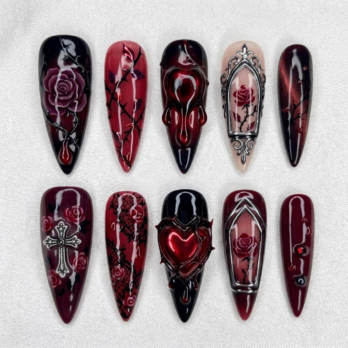 Vampire Garden Press On Nails, Gothic Rose Blood Drip Nails, Dark Romance Black Cherry Thorn Vine 3D Gel Nail Art Set