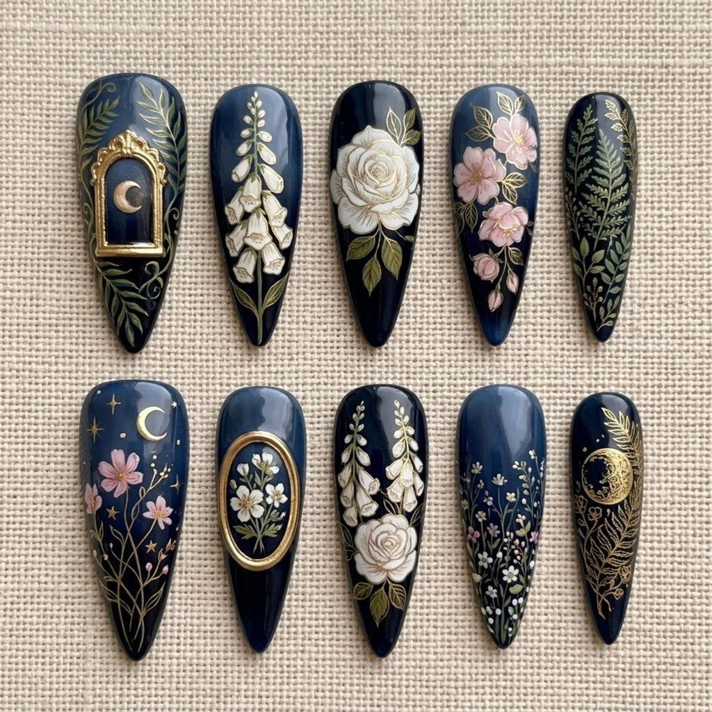 Midnight Garden Press On Nails, Celestial Floral Nails, Navy Blue Gold Moon Rose Botanical Vintage Nail Art Set