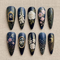 Midnight Garden Press On Nails, Celestial Floral Nails, Navy Blue Gold Moon Rose Botanical Vintage Nail Art Set