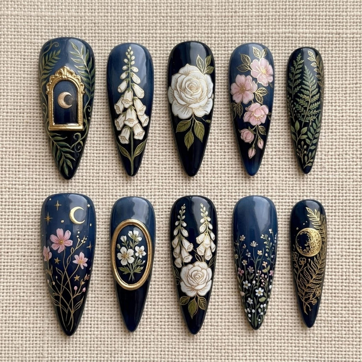 Midnight Garden Press On Nails, Celestial Floral Nails, Navy Blue Gold Moon Rose Botanical Vintage Nail Art Set
