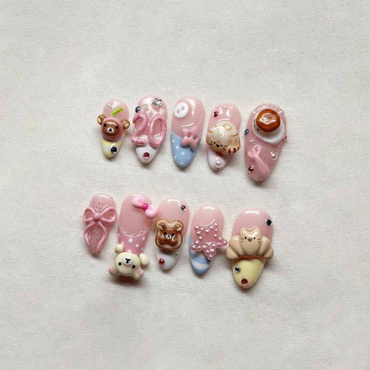 Kawaii 3D Bear Pink Cat Bakery Press On Nails