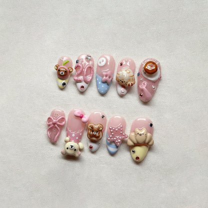Kawaii 3D Bear Pink Cat Bakery Press On Nails