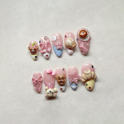 Kawaii 3D Bear Pink Cat Bakery Press On Nails