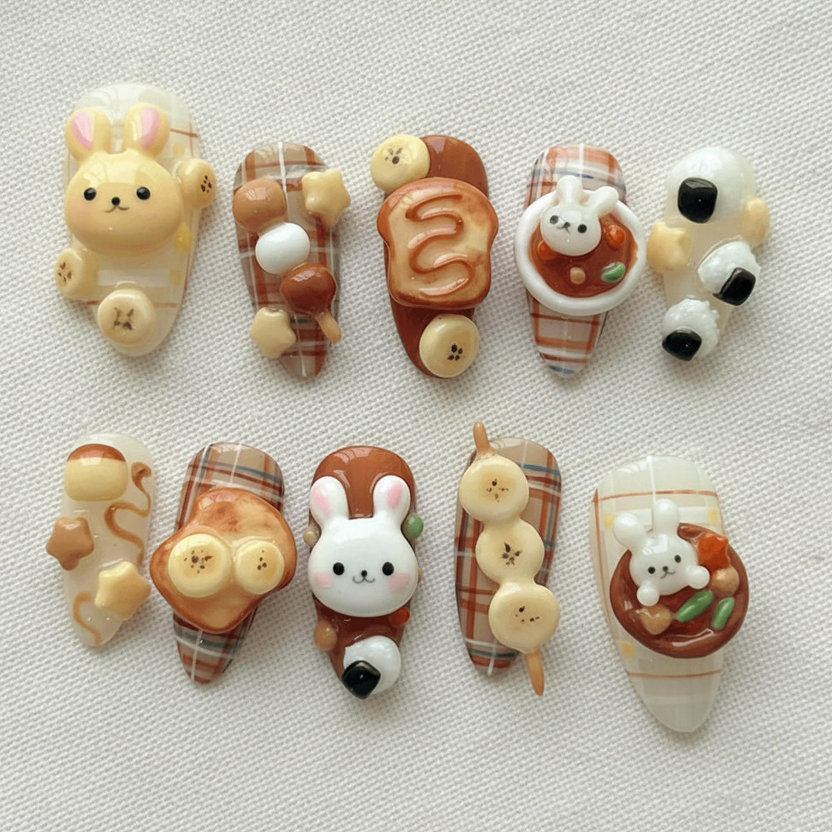 Cute Bunny 3D Press On Nails, Handmade Japanese Cafe Dessert Fake Nails, Brown Plaid Reusable Gel Nails Gift