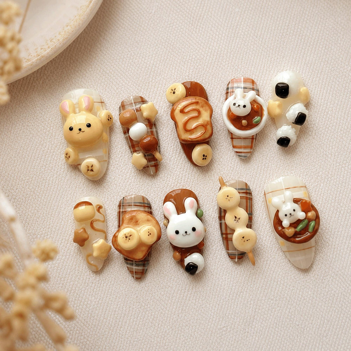 Cute Bunny 3D Press On Nails, Handmade Japanese Cafe Dessert Fake Nails, Brown Plaid Reusable Gel Nails Gift