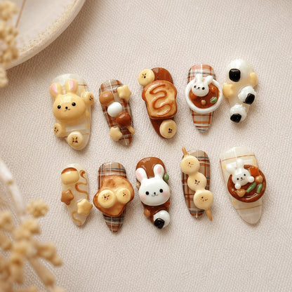 Cute Bunny 3D Press On Nails, Handmade Japanese Cafe Dessert Fake Nails, Brown Plaid Reusable Gel Nails Gift