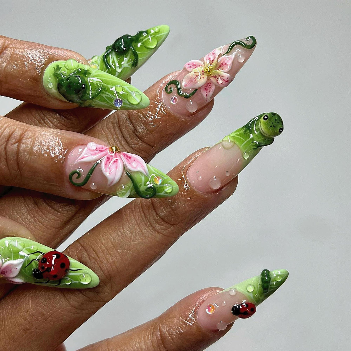 3D Frog Lily Pad Press On Nails, Cottagecore Nature False Nails, Water Droplet Art