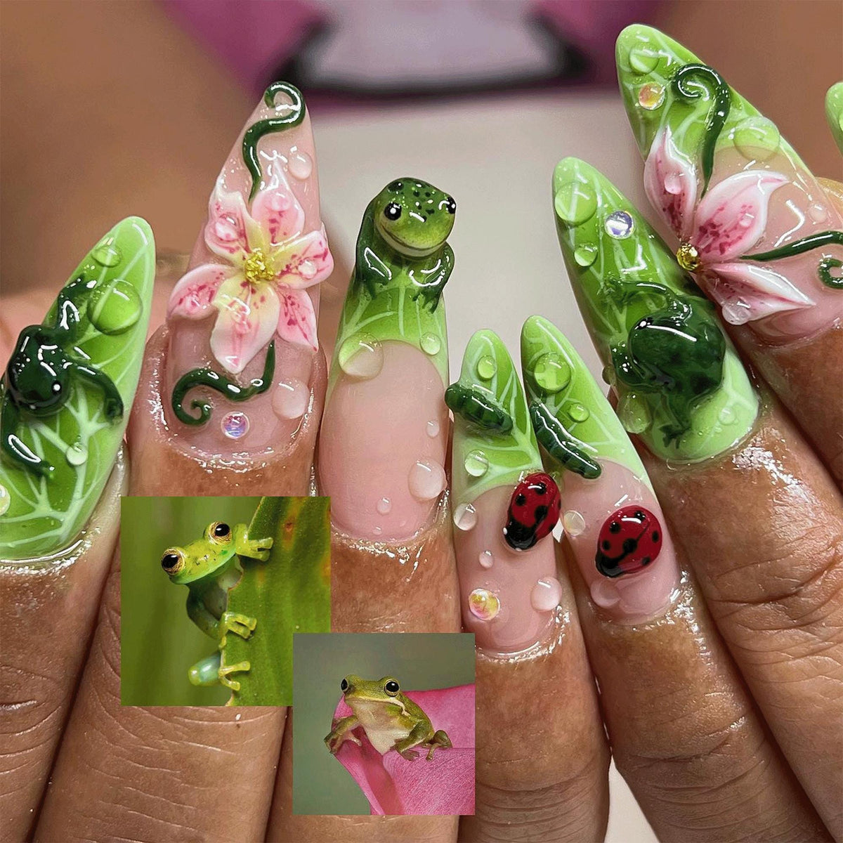 3D Frog Lily Pad Press On Nails, Cottagecore Nature False Nails, Water Droplet Art