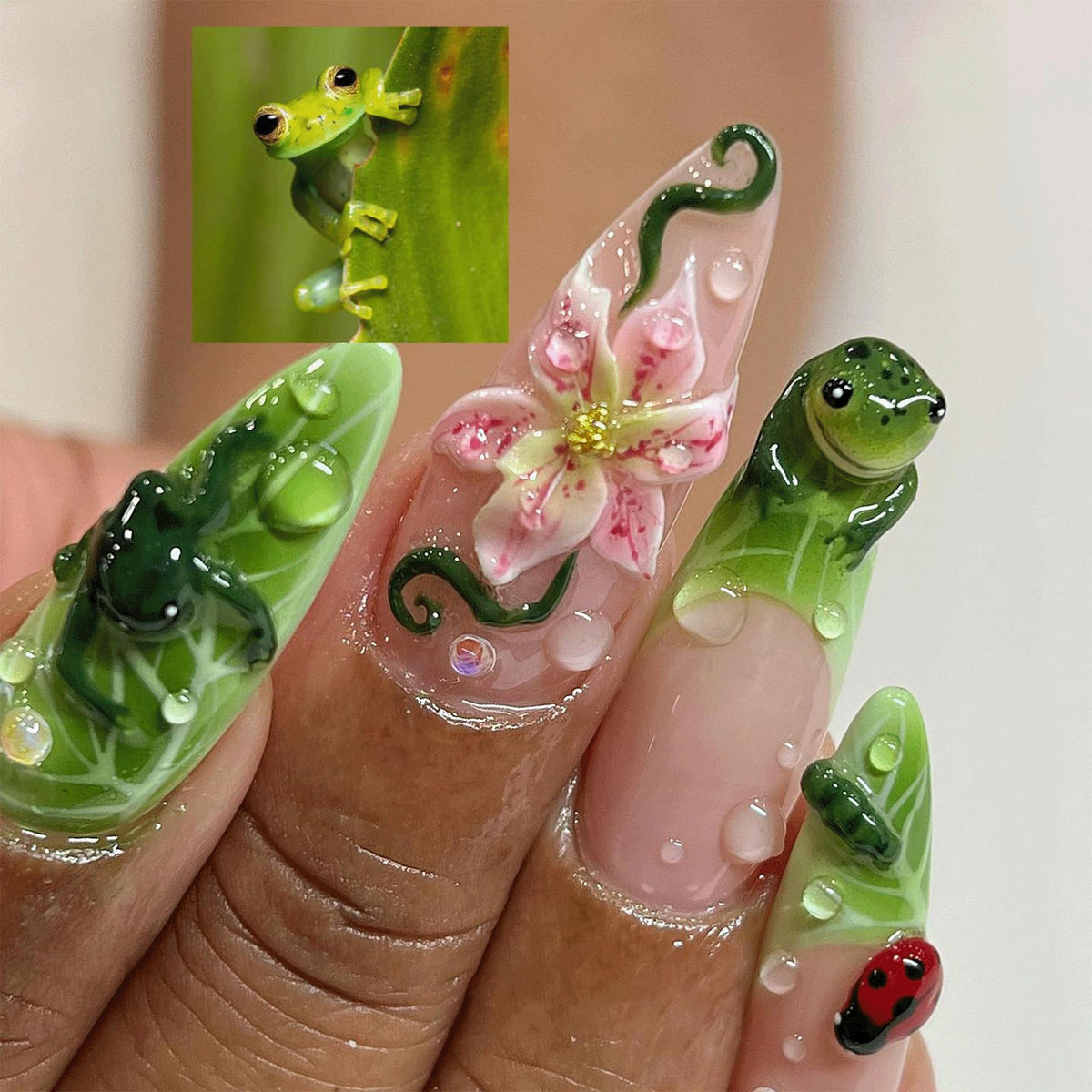 3D Frog Lily Pad Press On Nails, Cottagecore Nature False Nails, Water Droplet Art