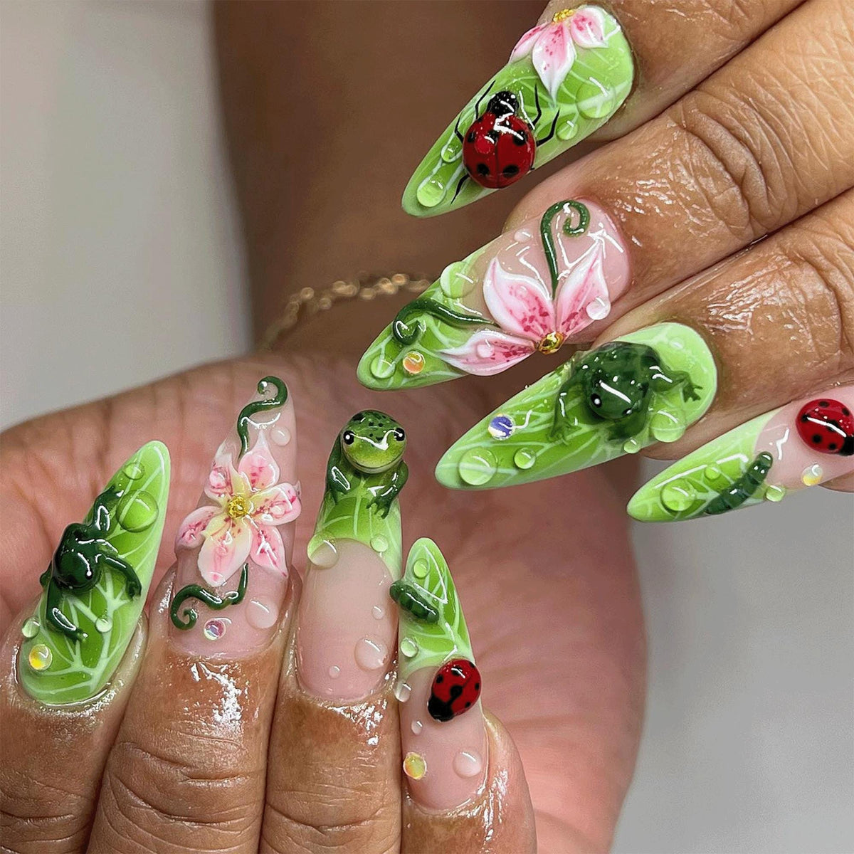 3D Frog Lily Pad Press On Nails, Cottagecore Nature False Nails, Water Droplet Art