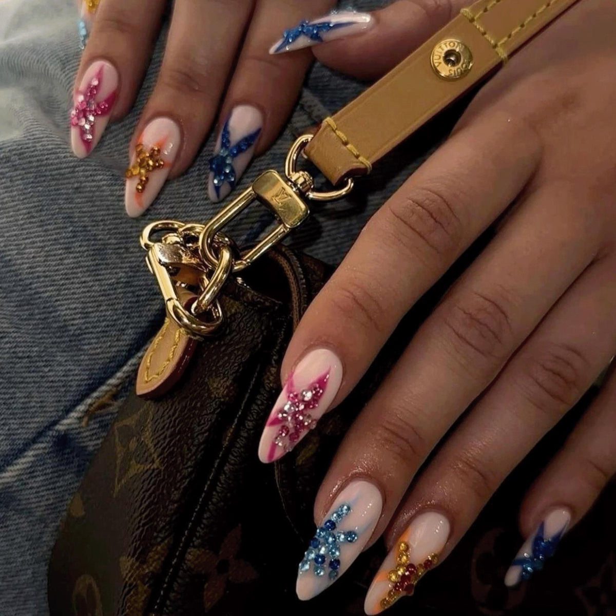 Handmade Rainbow Star Rhinestone Press On Nails, Y2K Beach Gel Set