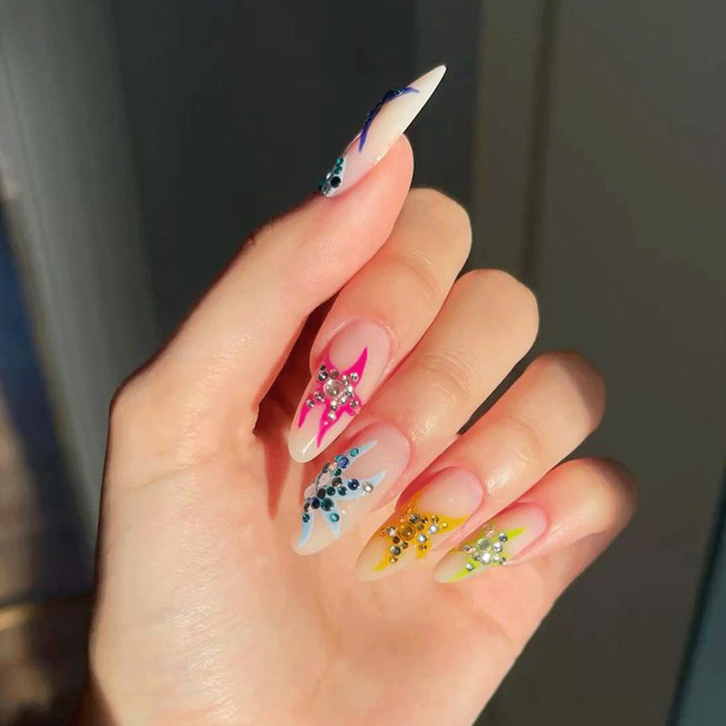 Handmade Rainbow Star Rhinestone Press On Nails, Y2K Beach Gel Set