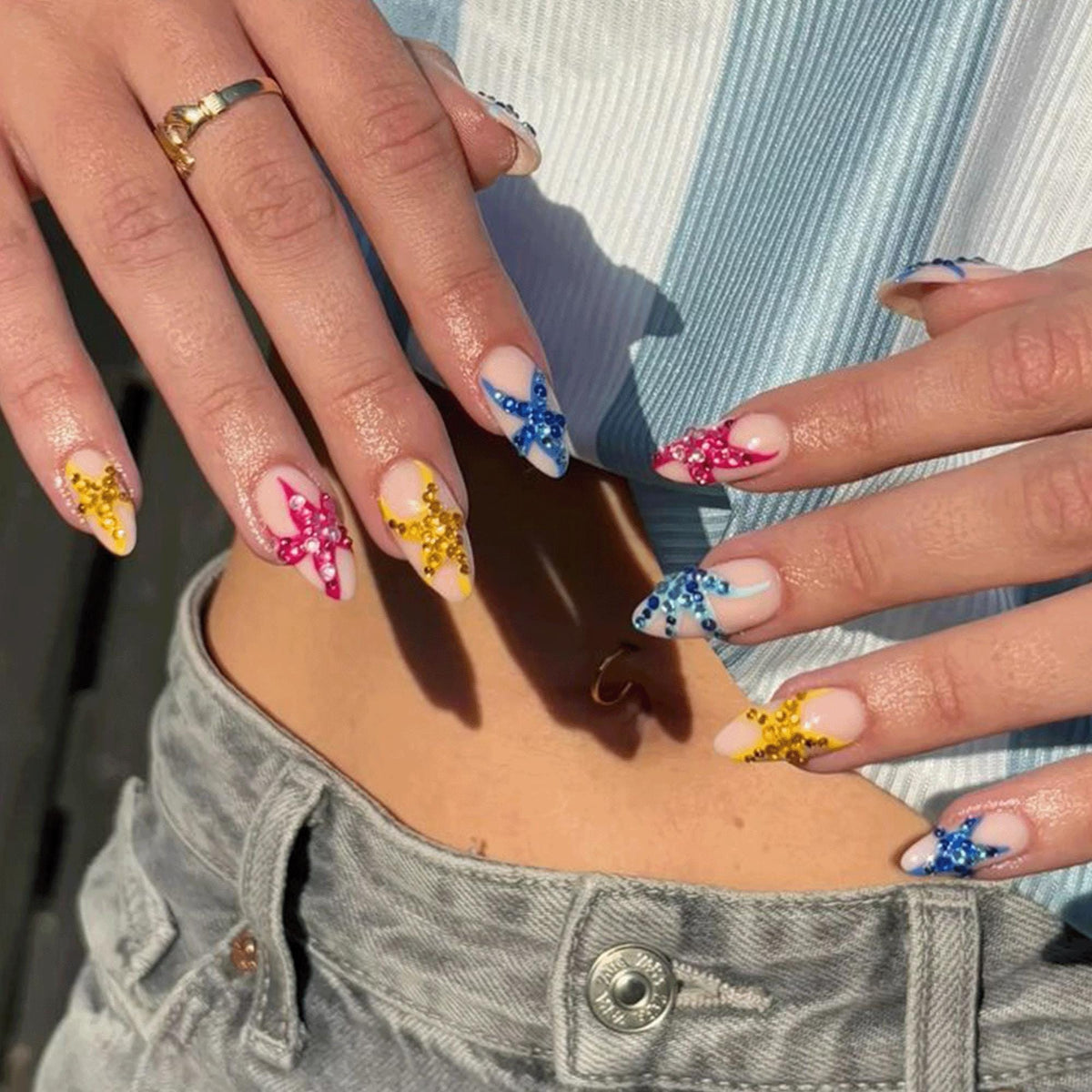 Handmade Rainbow Star Rhinestone Press On Nails, Y2K Beach Gel Set