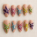 Handmade Rainbow Star Rhinestone Press On Nails, Y2K Beach Gel Set