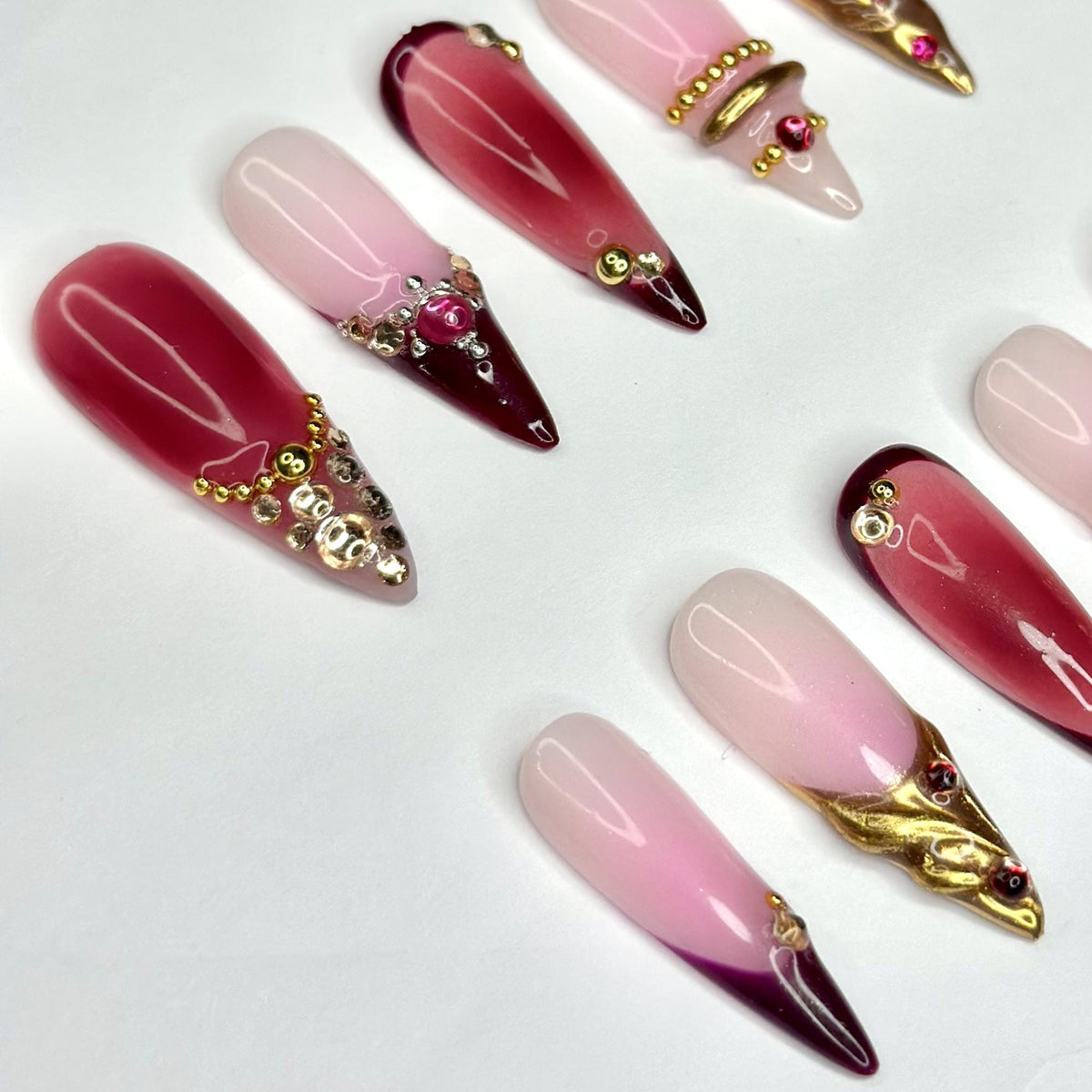 3D Gold Luxury Wine Red Press On Nails | Jelly Burgundy Ombre | Y2K Metallic Chrome Art | Statement Wedding Party | JB393DG