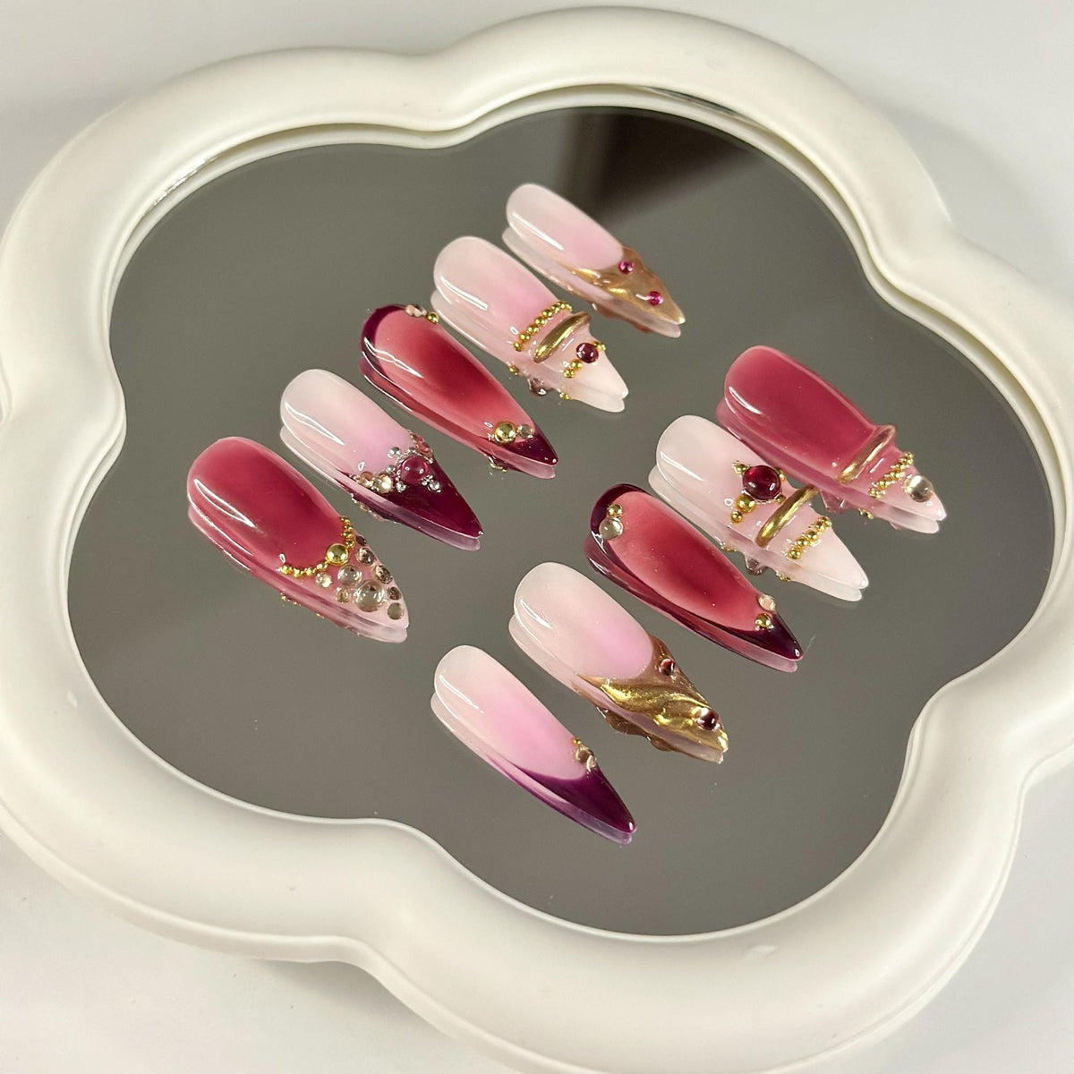 3D Gold Luxury Wine Red Press On Nails | Jelly Burgundy Ombre | Y2K Metallic Chrome Art | Statement Wedding Party | JB393DG