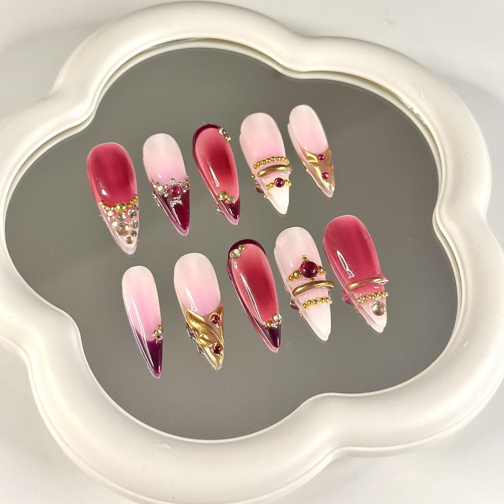 3D Gold Luxury Wine Red Press On Nails | Jelly Burgundy Ombre | Y2K Metallic Chrome Art | Statement Wedding Party | JB393DG