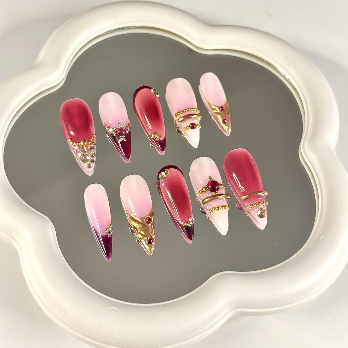 3D Gold Luxury Wine Red Press On Nails | Jelly Burgundy Ombre | Y2K Metallic Chrome Art | Statement Wedding Party | JB393DG