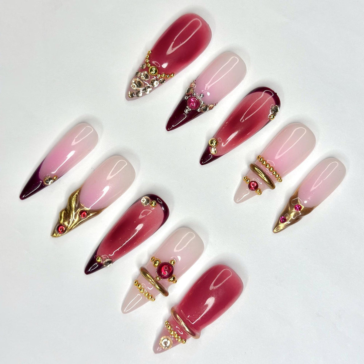 3D Gold Luxury Wine Red Press On Nails | Jelly Burgundy Ombre | Y2K Metallic Chrome Art | Statement Wedding Party | JB393DG