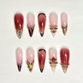 3D Gold Luxury Wine Red Press On Nails | Jelly Burgundy Ombre | Y2K Metallic Chrome Art | Statement Wedding Party | JB393DG