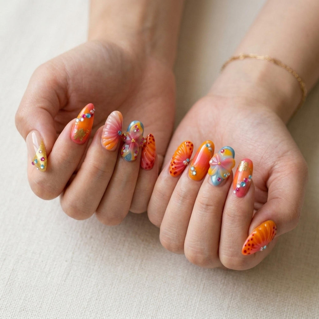 Orange Ombre Butterfly Press On Nails, 3D Rhinestone Fairycore Garden Art