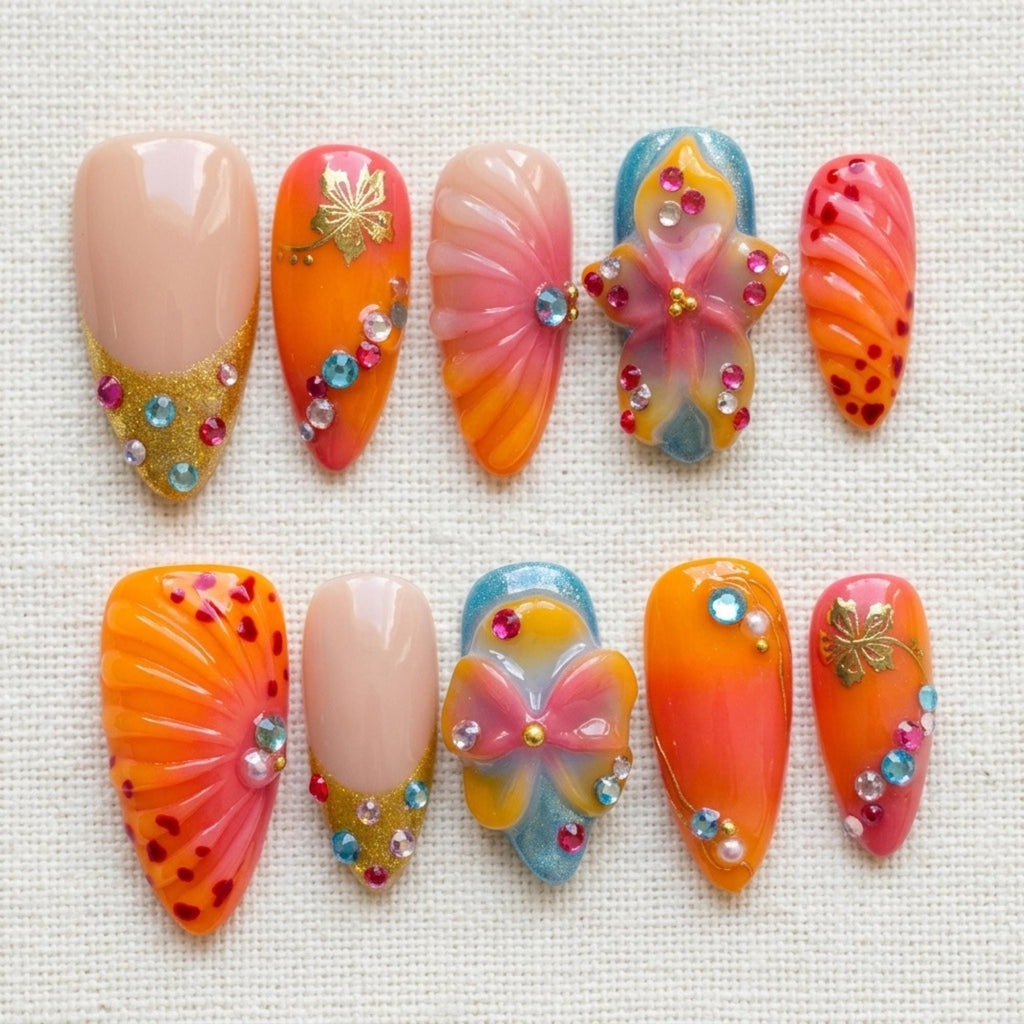 Orange Ombre Butterfly Press On Nails, 3D Rhinestone Fairycore Garden Art