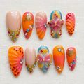 Orange Ombre Butterfly Press On Nails, 3D Rhinestone Fairycore Garden Art