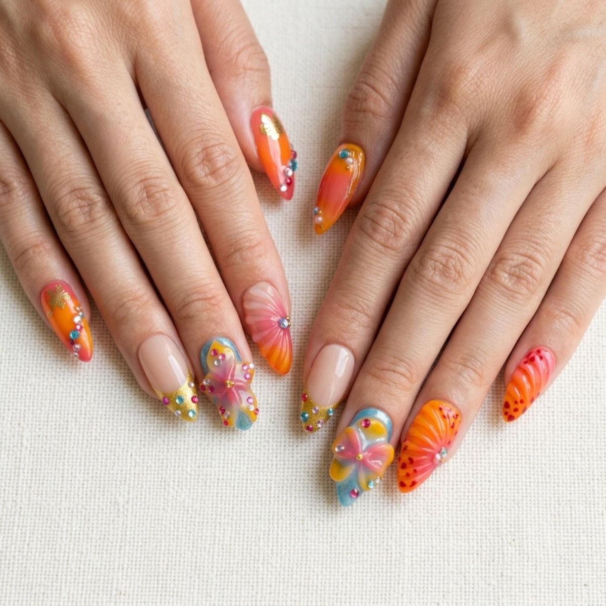 Orange Ombre Butterfly Press On Nails, 3D Rhinestone Fairycore Garden Art