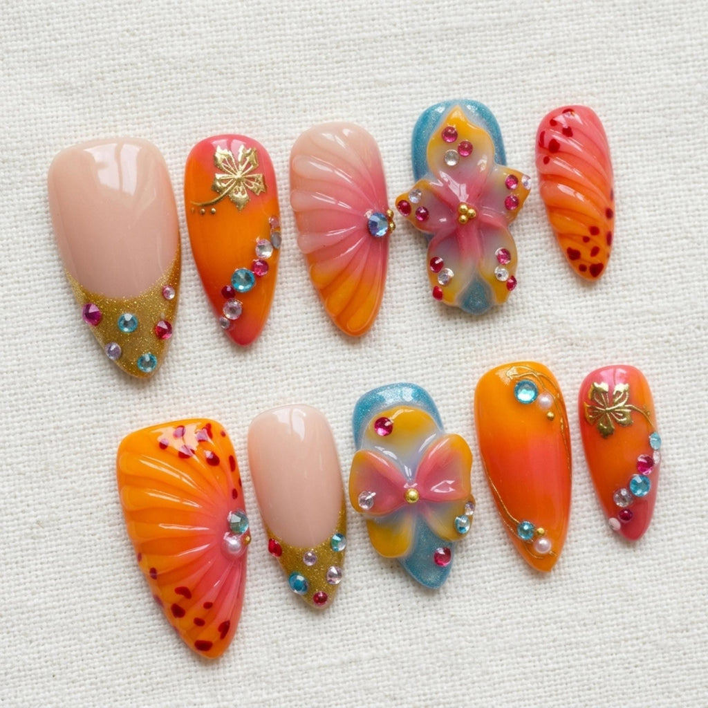 Orange Ombre Butterfly Press On Nails, 3D Rhinestone Fairycore Garden Art
