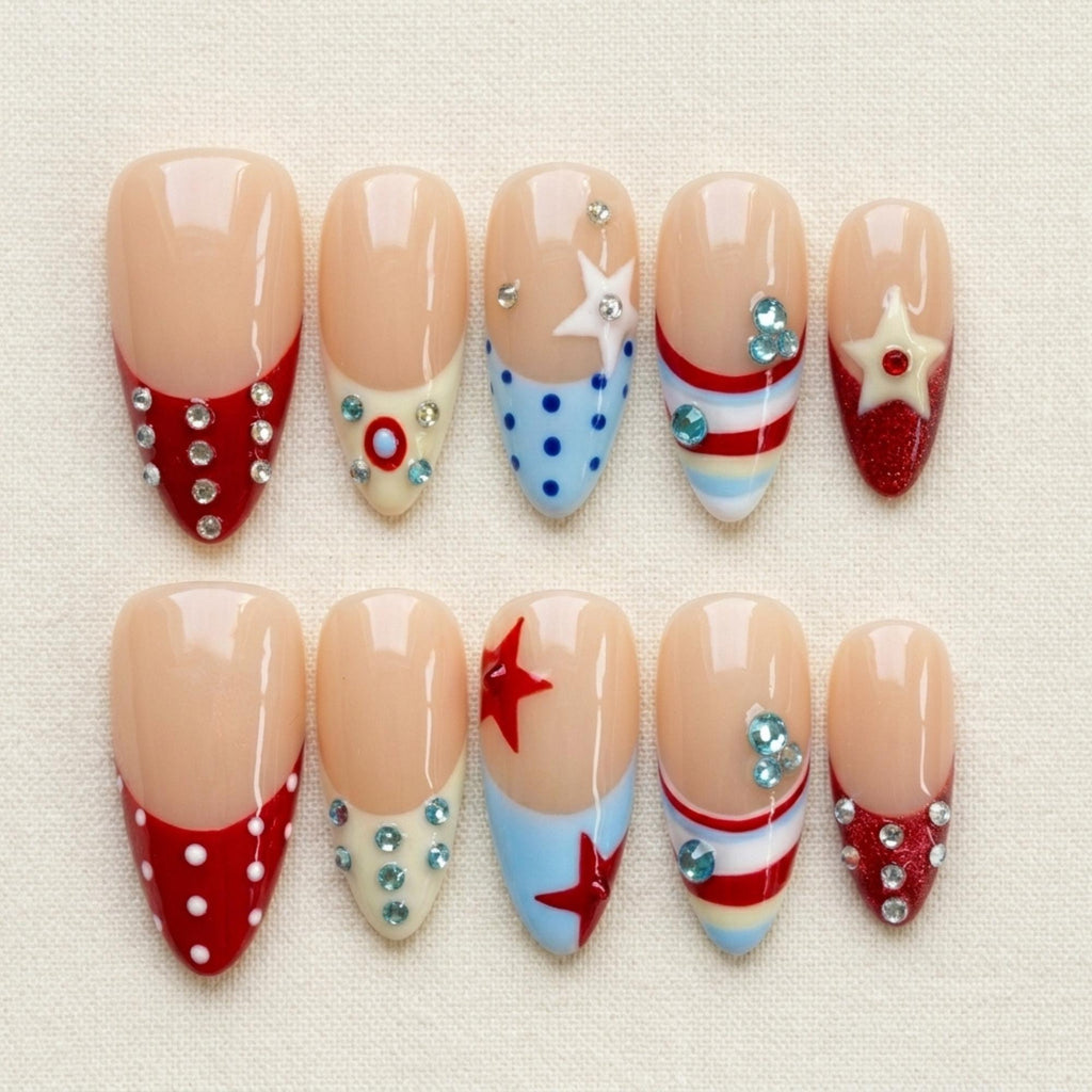 Vintage Star Press On Nails, Patriotic French Tip, Retro Polka Dot Fake Nails